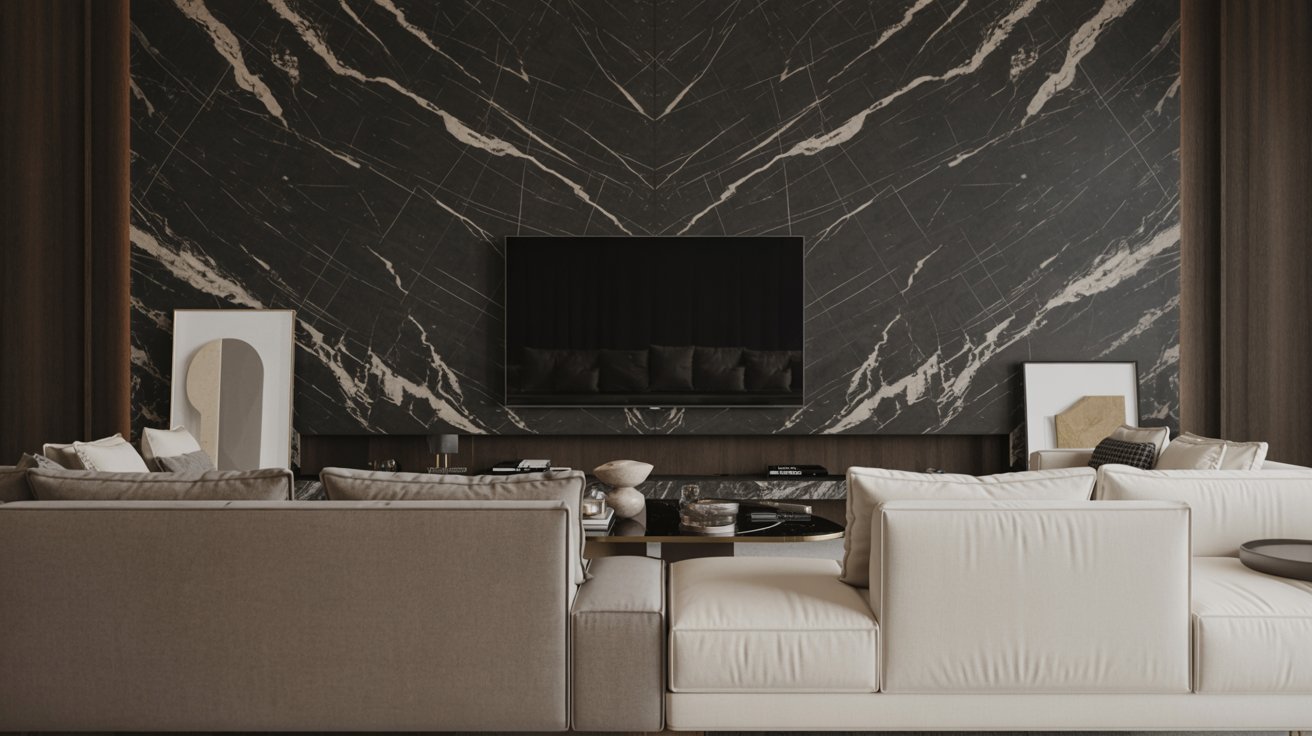 A modern living room featuring a sleek marble wall and stylish black furniture.