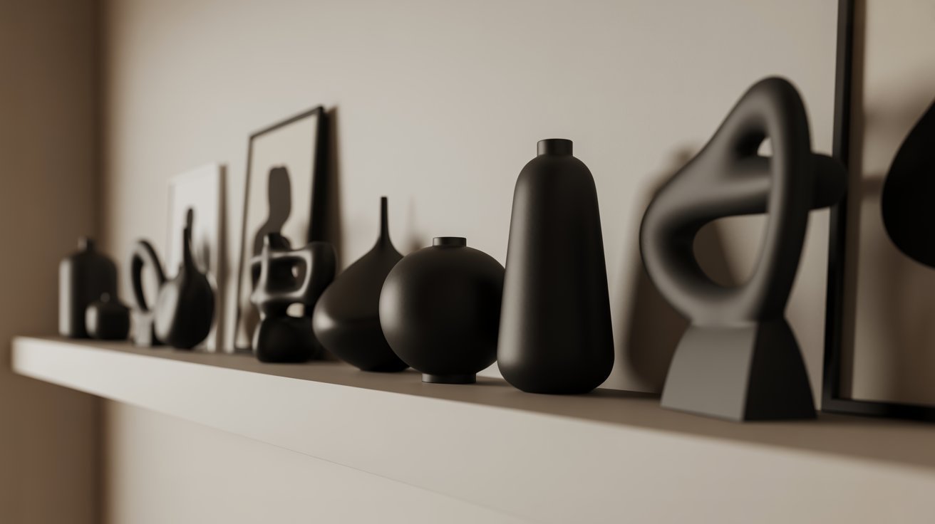 A shelf displaying several black vases arranged in a neat and organized manner.