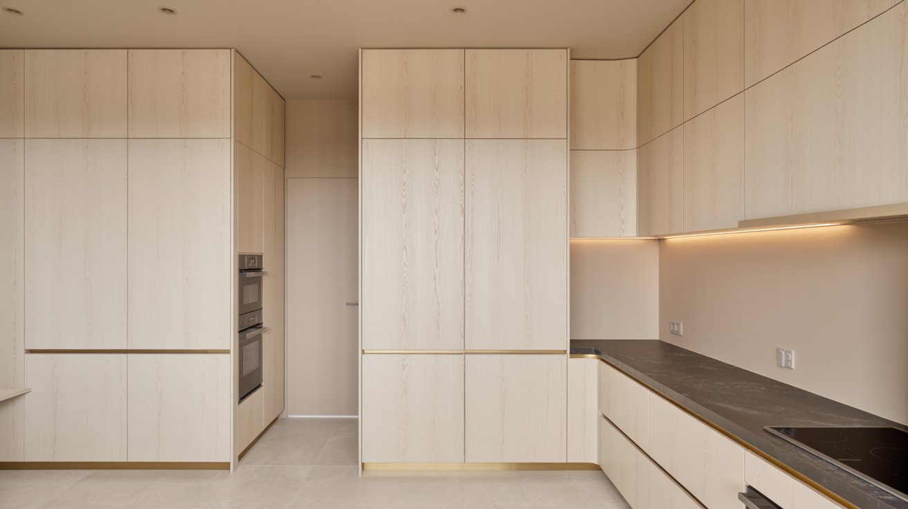 Contemporary kitchen design with wooden cabinetry and a spacious counter area.