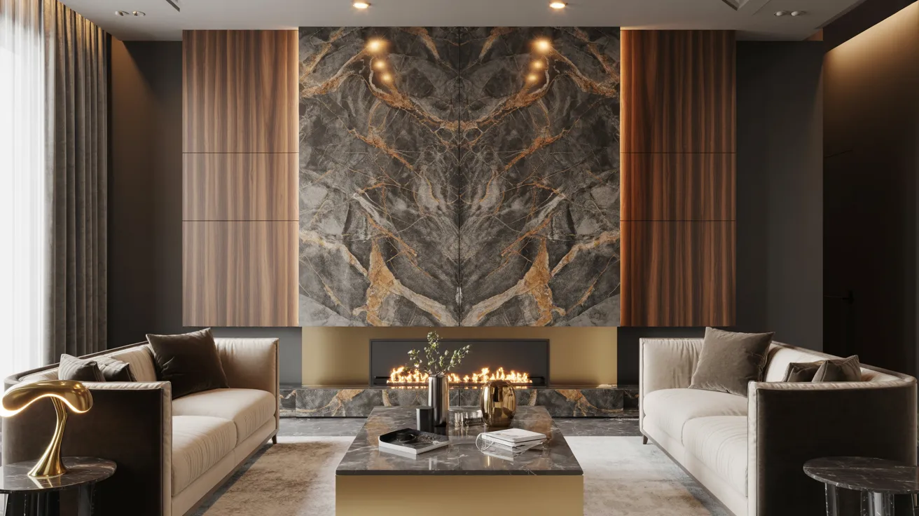 A modern living room featuring a sleek fireplace and an elegant marble wall, creating a stylish and inviting atmosphere.
