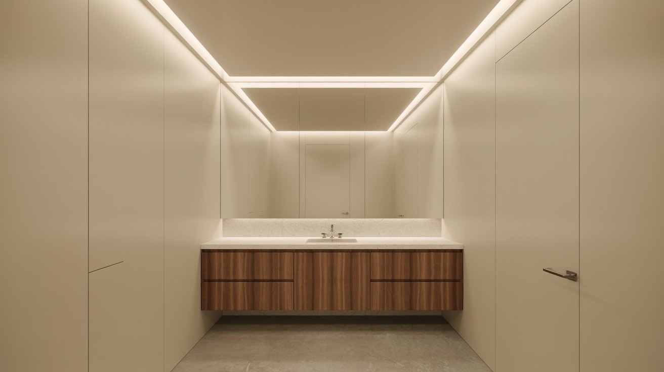  A modern bathroom featuring a lighted mirror above a sleek wooden counter.