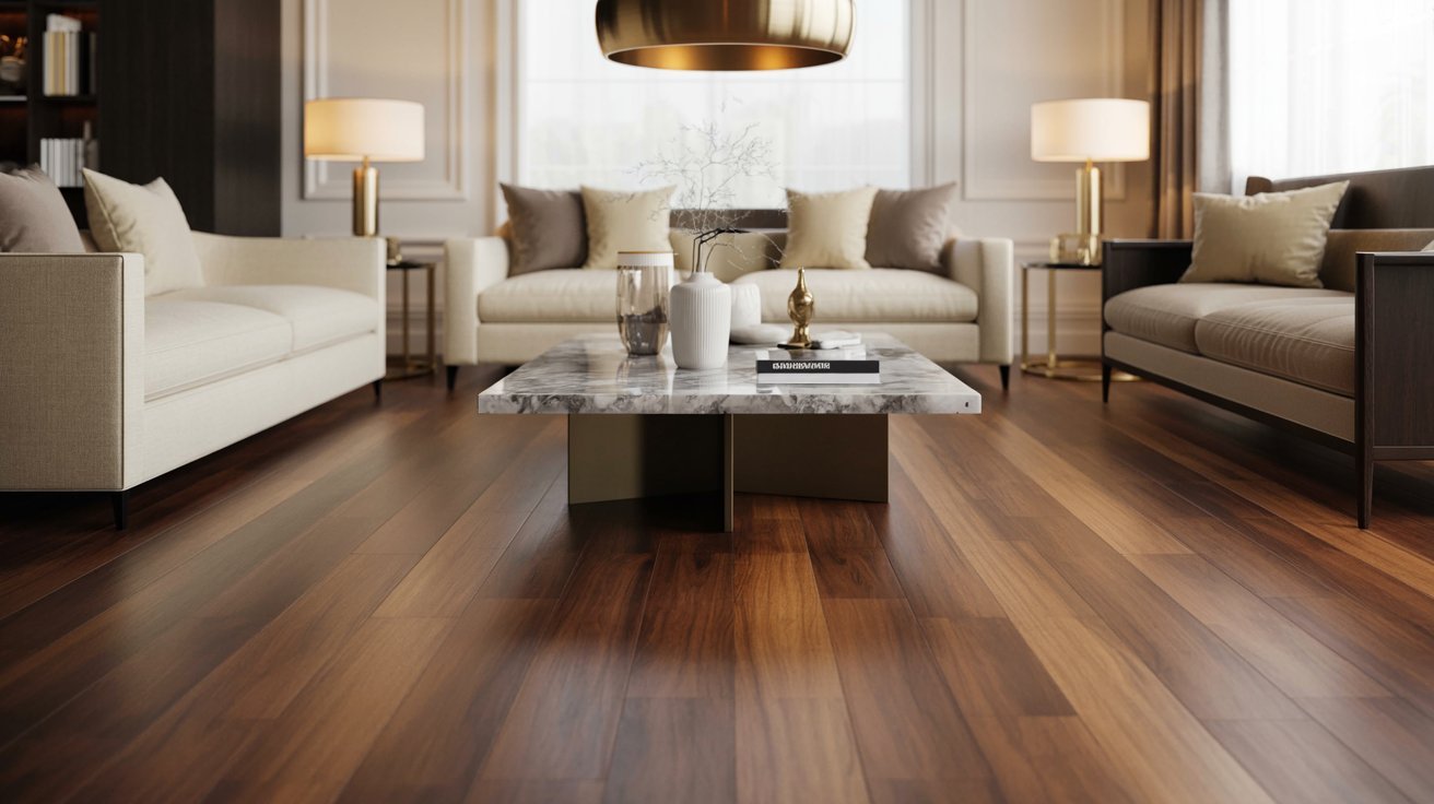 A bright living room featuring wooden floors and elegant white furniture, creating a modern and inviting atmosphere.