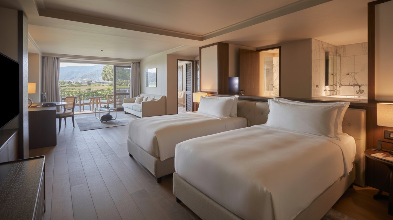  Two beds in a hotel room with a scenic view of the mountains visible through the window.
