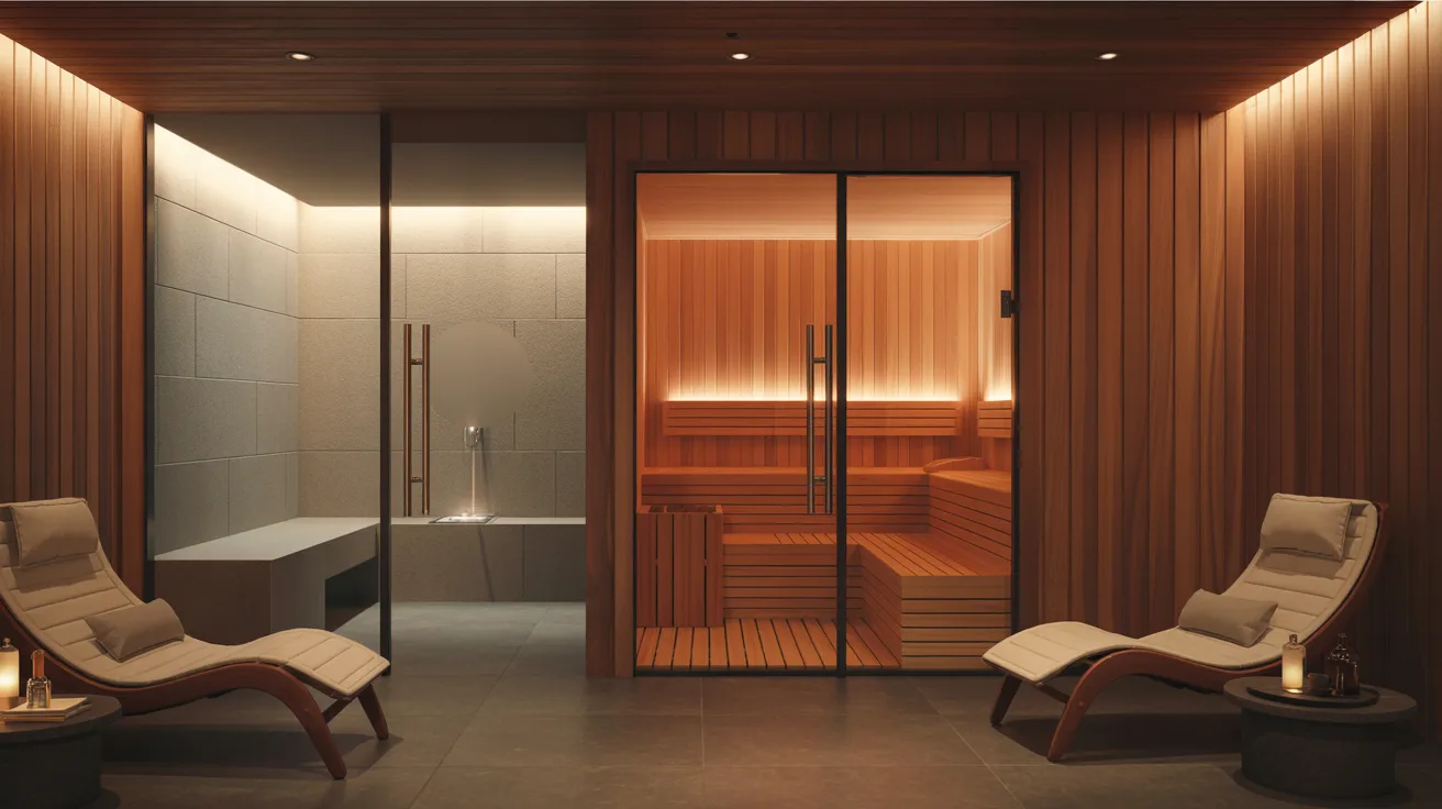 A sauna room featuring two wooden chairs and a glass door, creating a serene and inviting atmosphere.