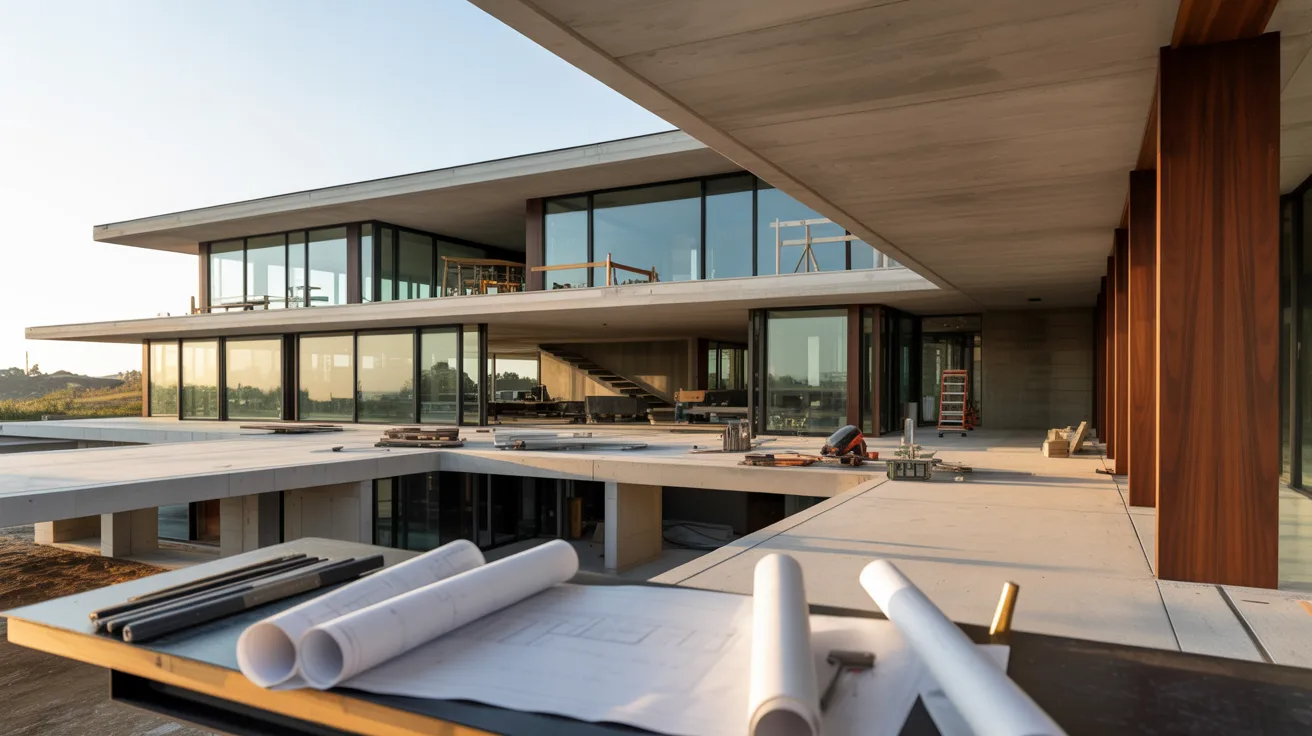 A modern house featuring a large glass wall and a stylish outdoor table, blending architecture with nature.