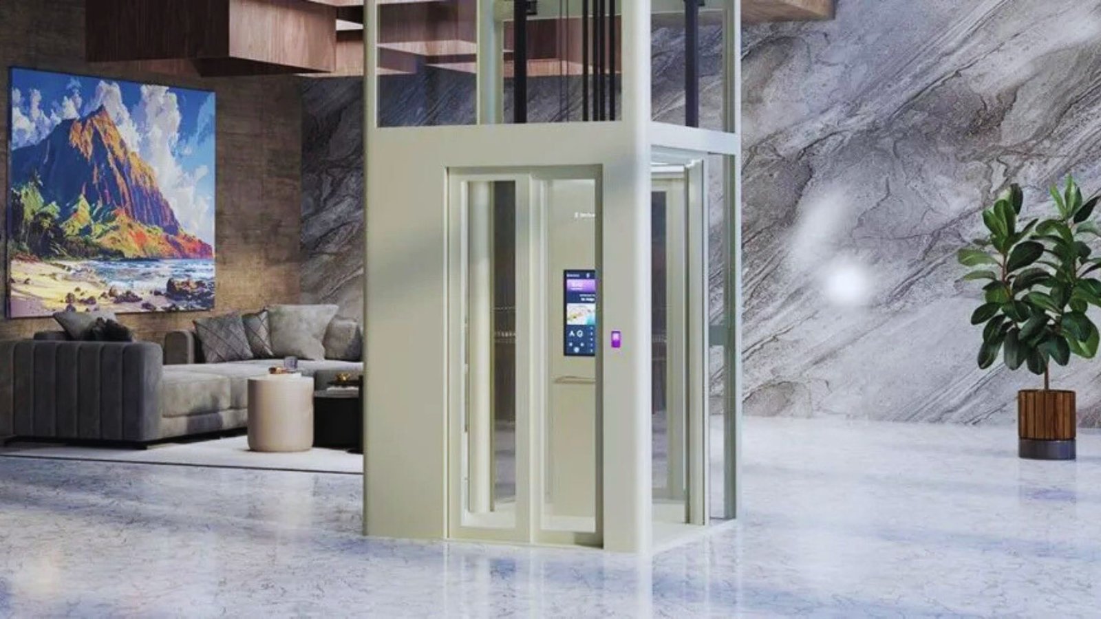  A stylish elevator in a modern building, showcasing a glass exterior and contemporary architectural features.