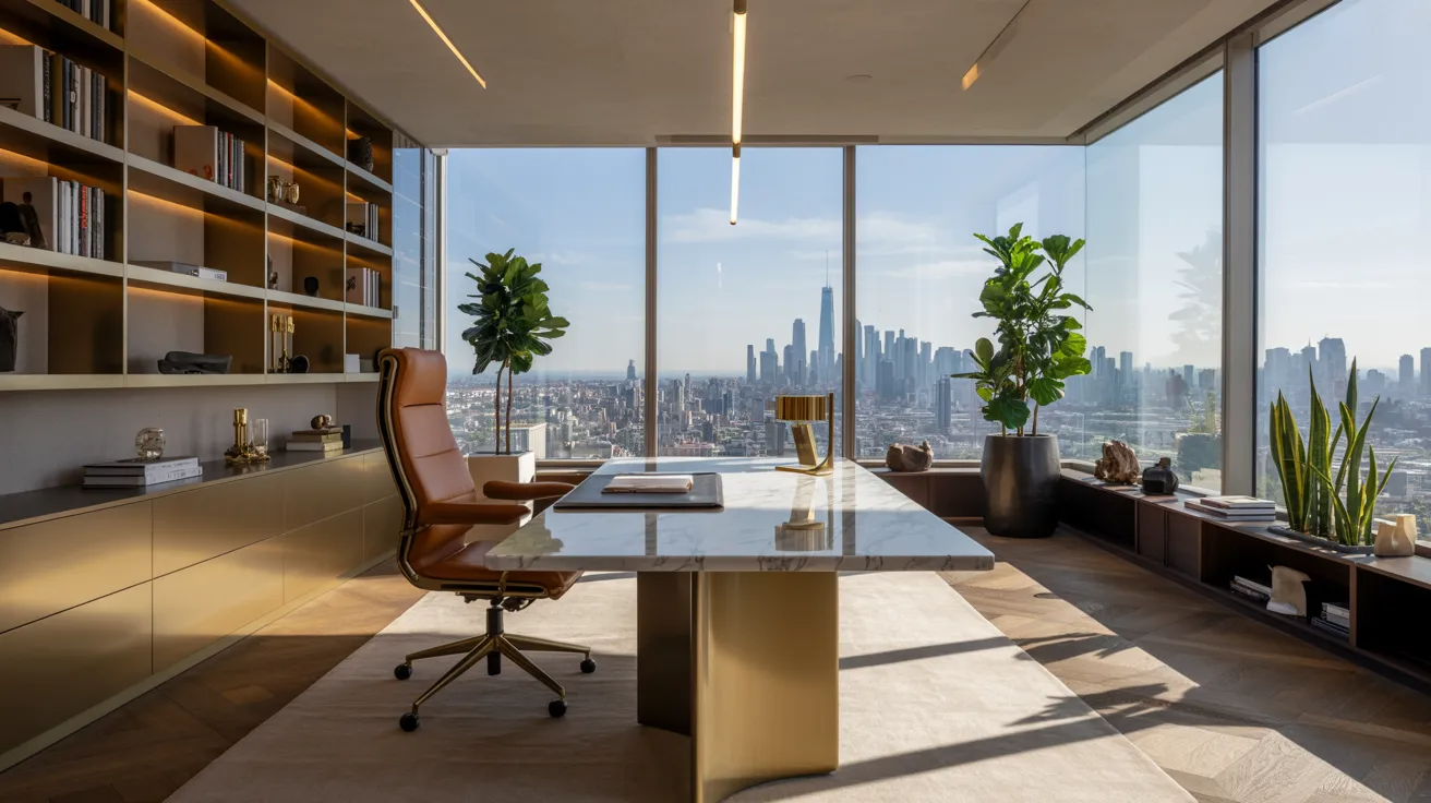 A sleek modern office featuring large windows with a panoramic view of the city skyline.