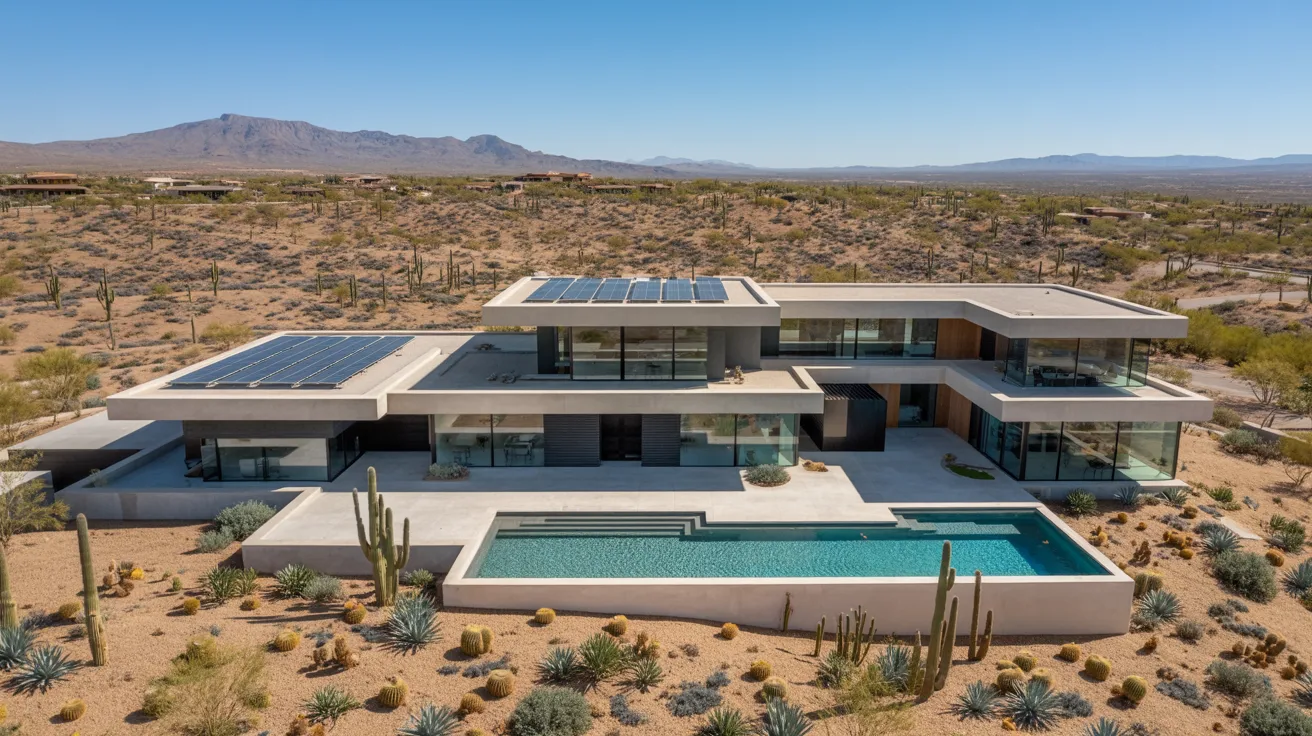 A desert home nestled among cacti and various desert plants, showcasing the arid landscape's natural beauty.