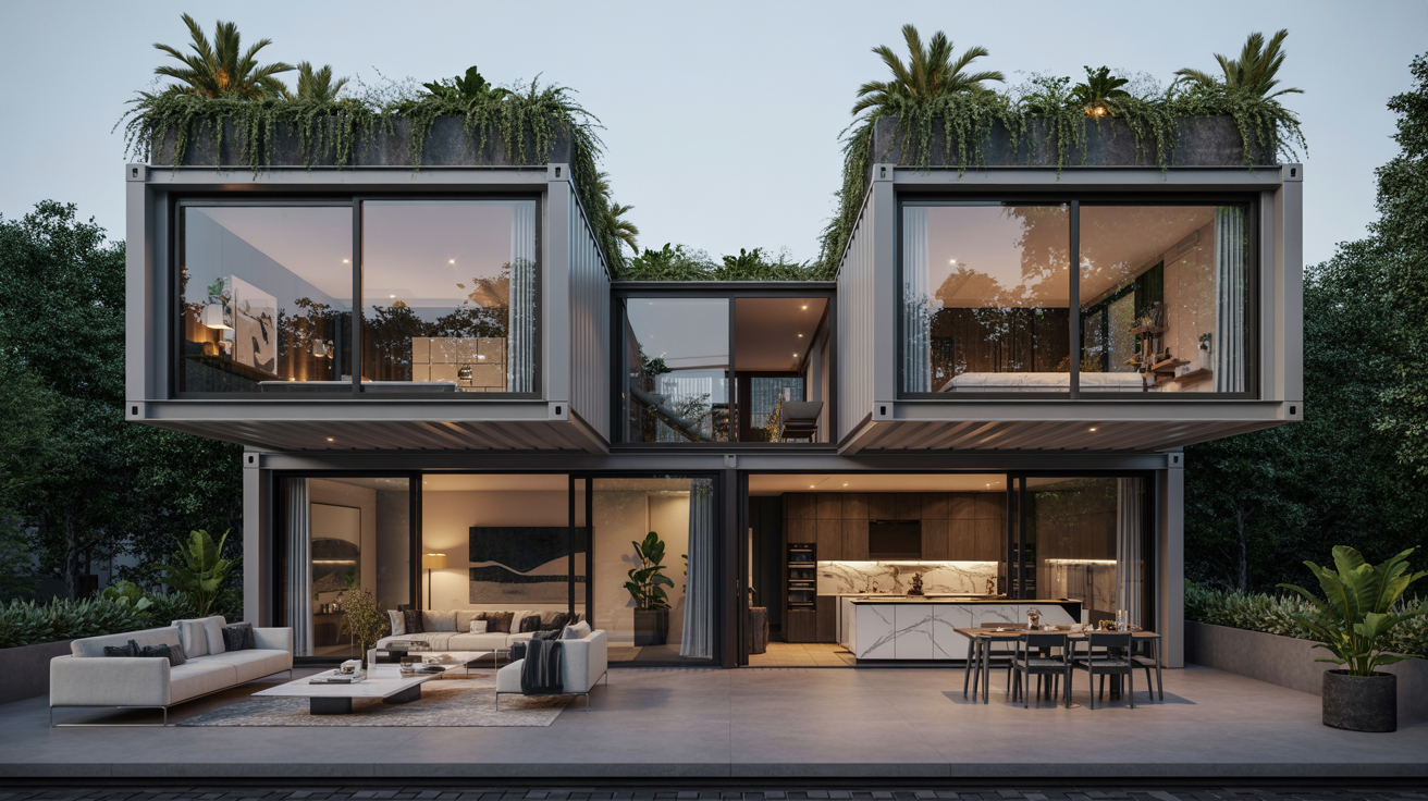  Modern house featuring two large glass windows and a spacious terrace, showcasing contemporary architectural design.