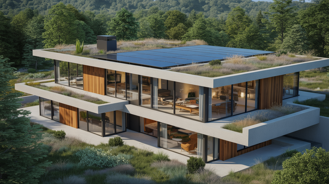 A sleek modern home with a roof adorned in lush green grass, showcasing eco-friendly design principles.