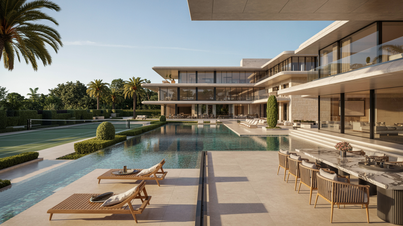 A stylish home showcasing a pool alongside a comfortable patio area, perfect for outdoor gatherings.