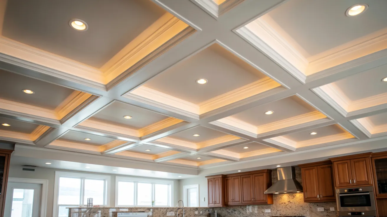 A well-lit kitchen showcasing a prominent ceiling light above the cooking area.