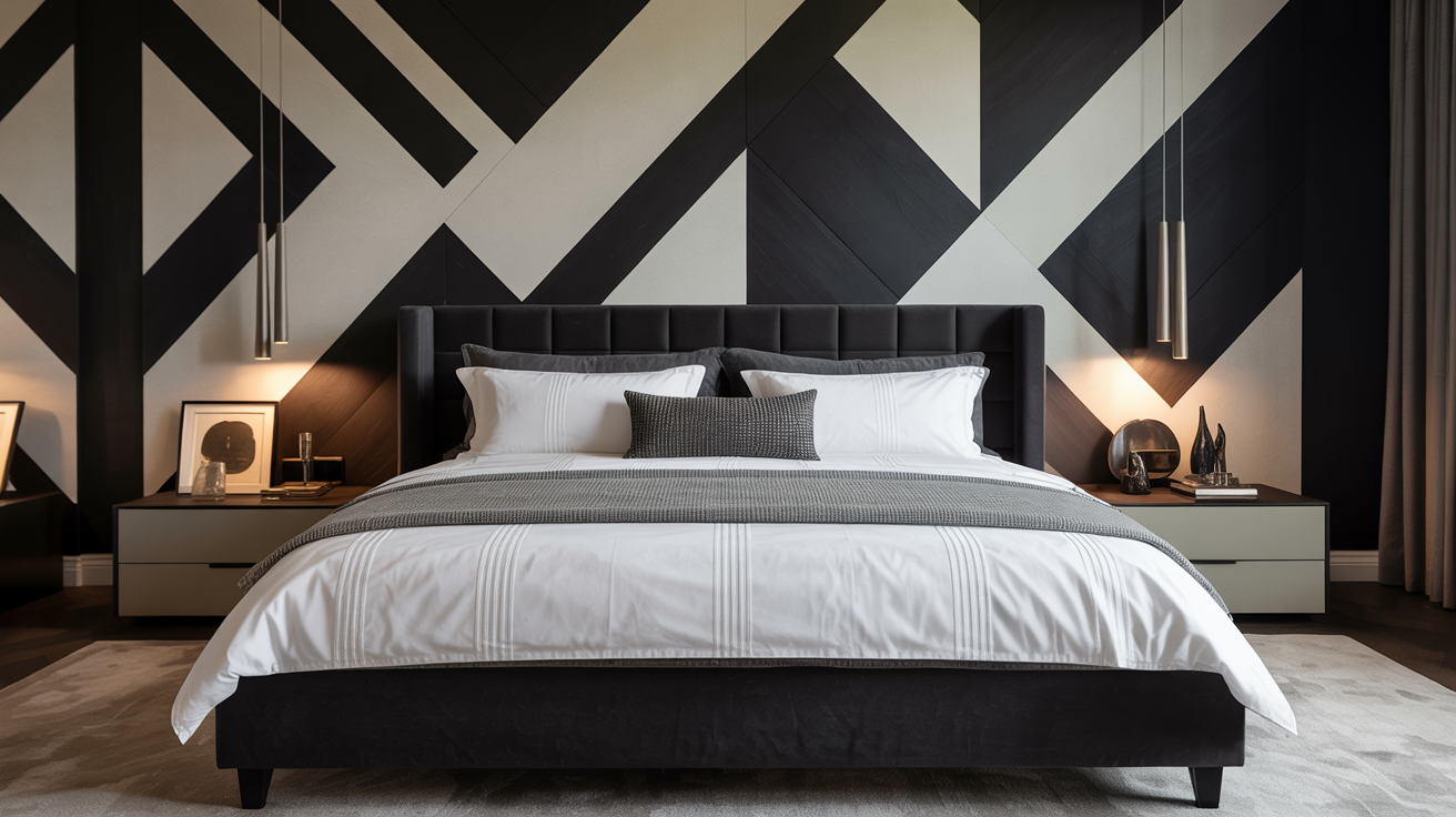 A modern bedroom with striking black and white geometric patterns on the decor, emphasizing a bold and stylish look.