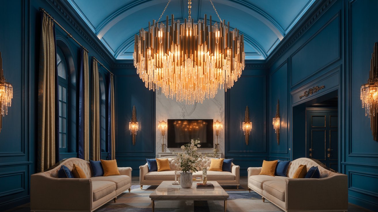 The hotel lobby features elegant blue decor, creating a calming and inviting atmosphere for guests.