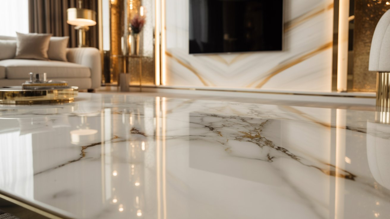 A sleek marble coffee table centered in a modern living room with contemporary furniture and decor.