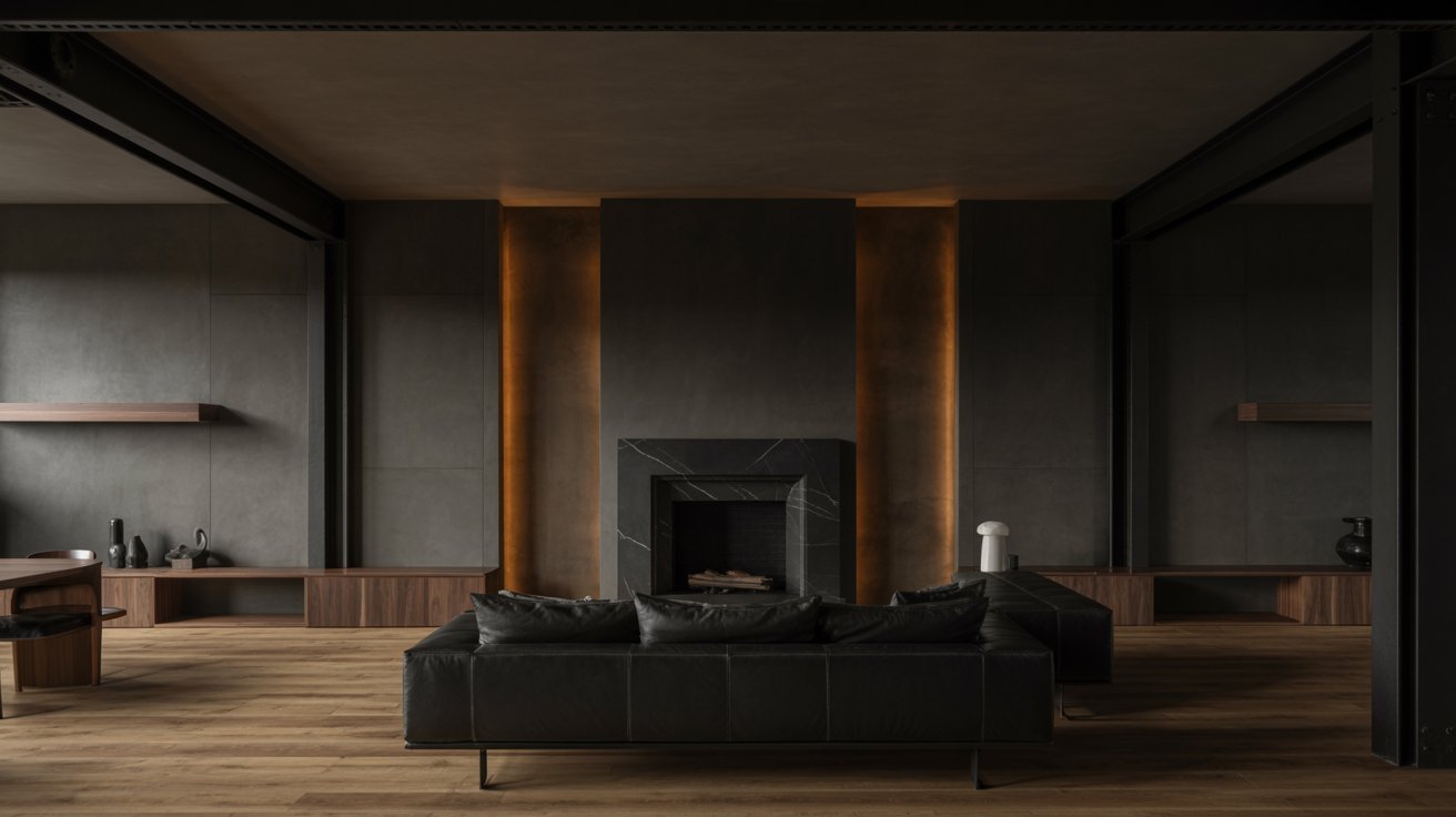 A modern living room featuring sleek black furniture and a cozy fireplace, creating a stylish and inviting atmosphere.