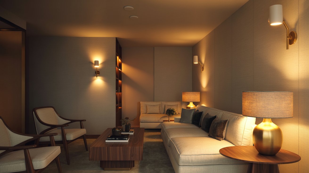 A cozy living room featuring a couch, an armchair, and a standing lamp, creating a warm and inviting atmosphere.