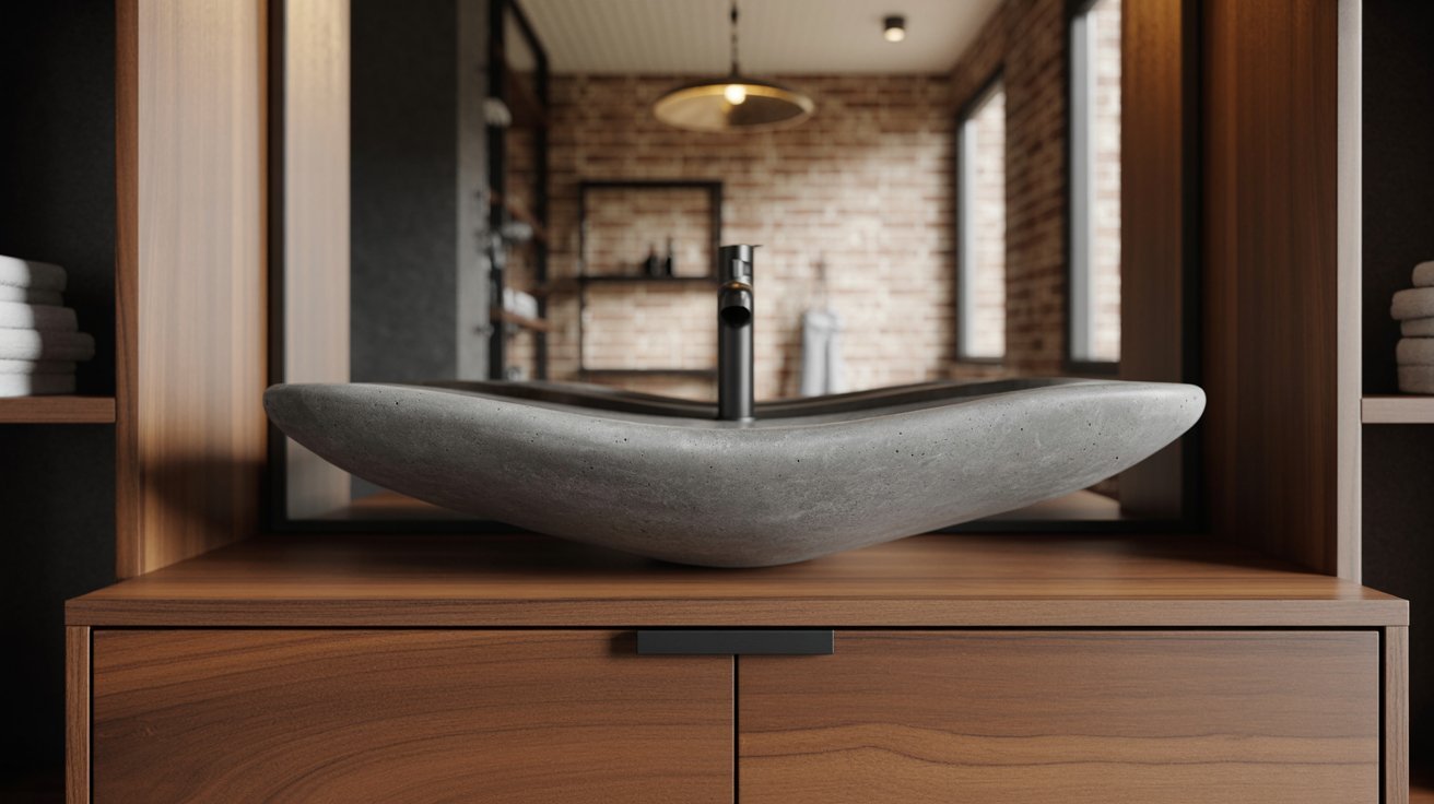  Contemporary bathroom design showcasing a sink and a wooden cabinet for storage.