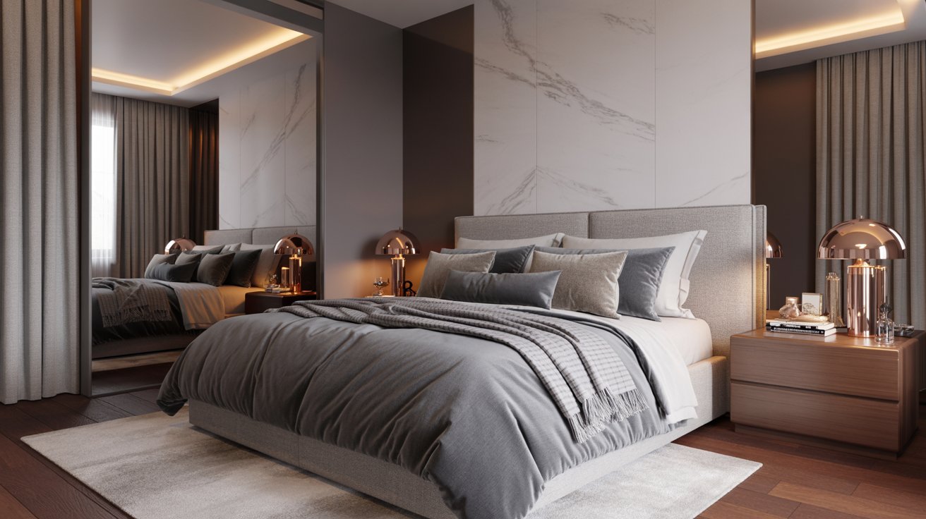 A modern bedroom featuring a sleek marble wall and a neatly made bed, creating a stylish and serene atmosphere.