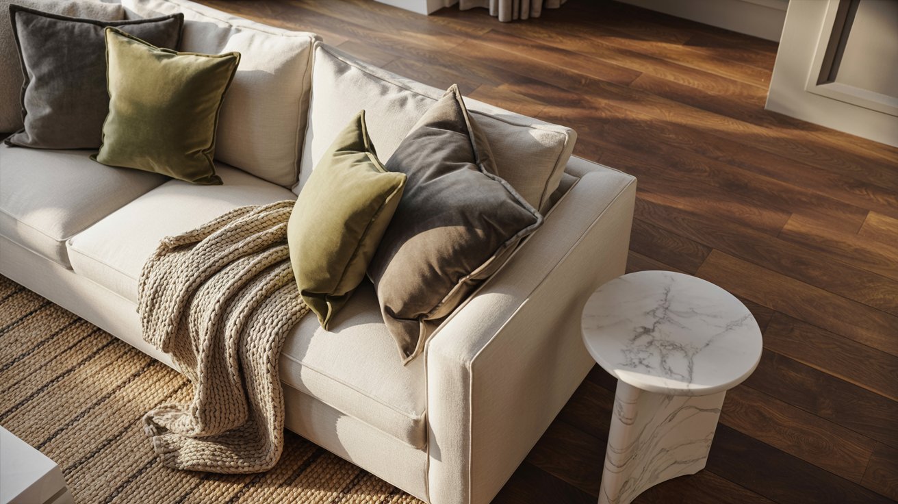 A white couch adorned with green pillows, accompanied by a matching white table in a modern living space.