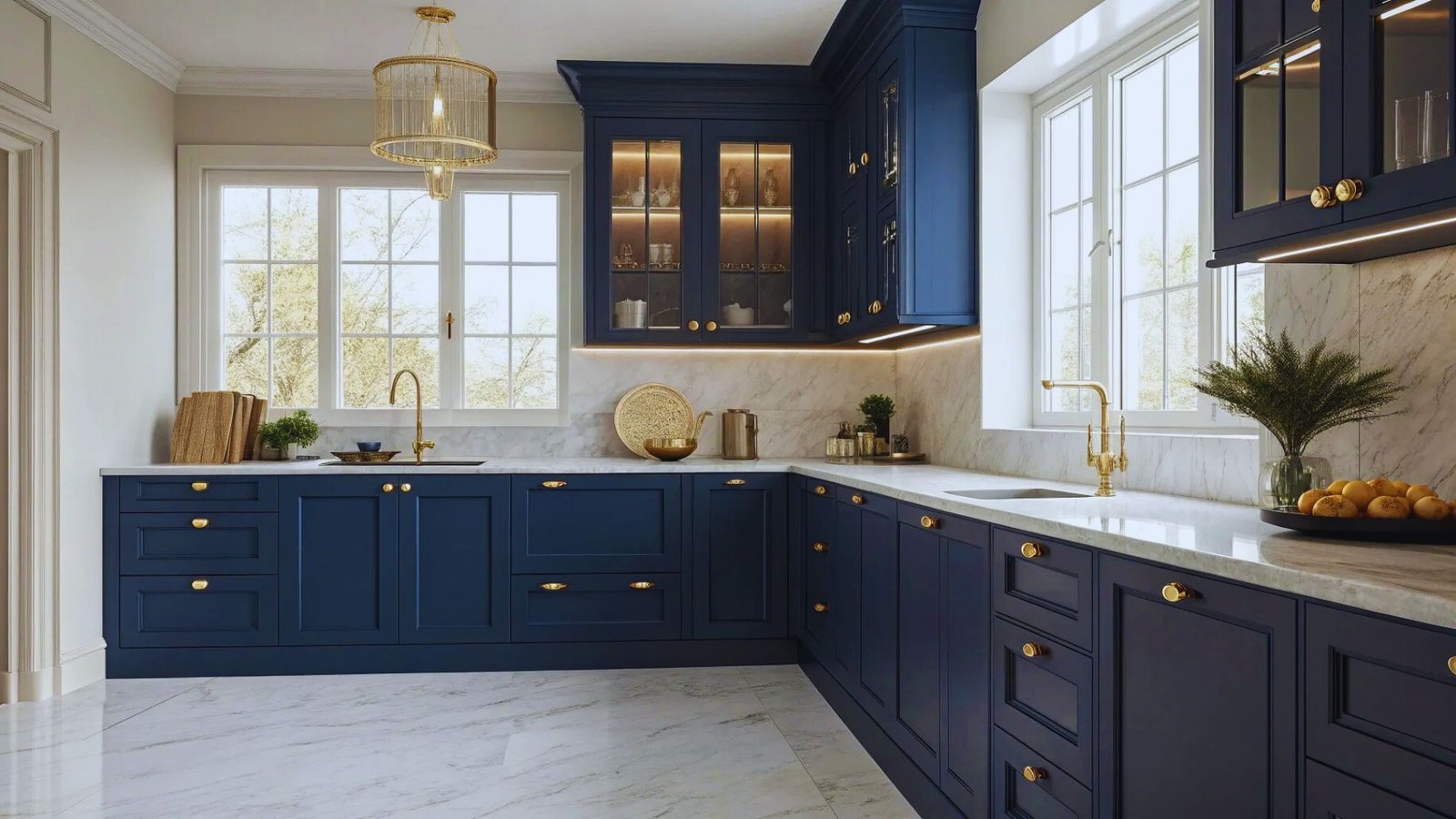 A contemporary kitchen design with blue cabinets and sophisticated gold hardware.