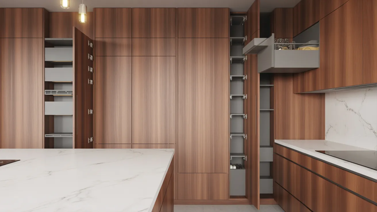 A modern kitchen featuring sleek wooden cabinets and elegant marble countertops.
