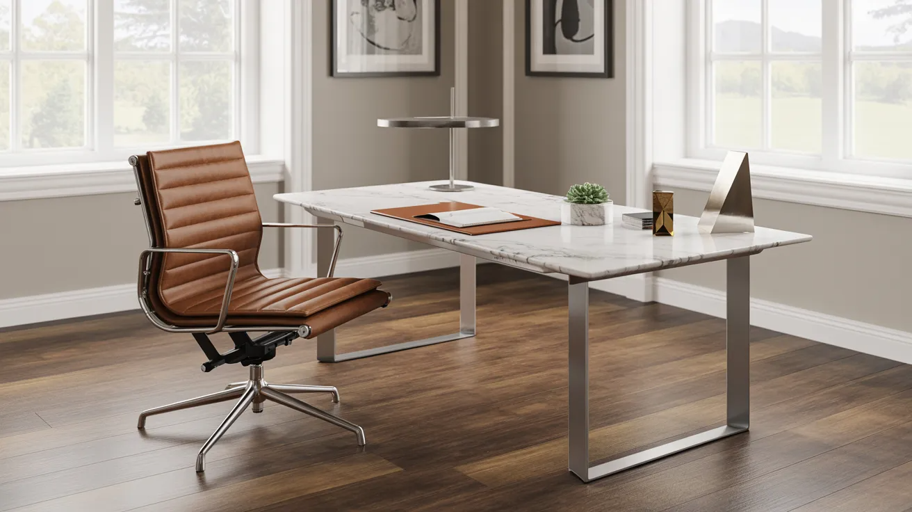 A modern office featuring a sleek desk and ergonomic chair, designed for productivity and comfort.