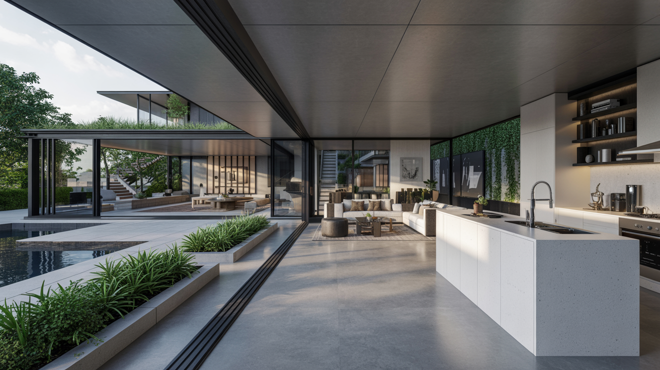 Modern kitchen featuring large windows that overlook a swimming pool, creating a bright and airy atmosphere.