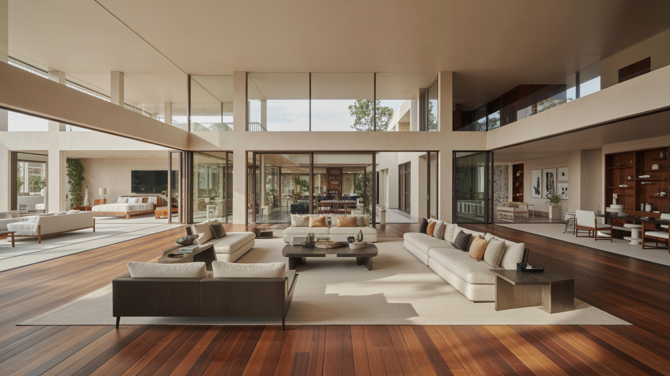 A spacious living room featuring wood floors and expansive glass walls, allowing natural light to fill the space.