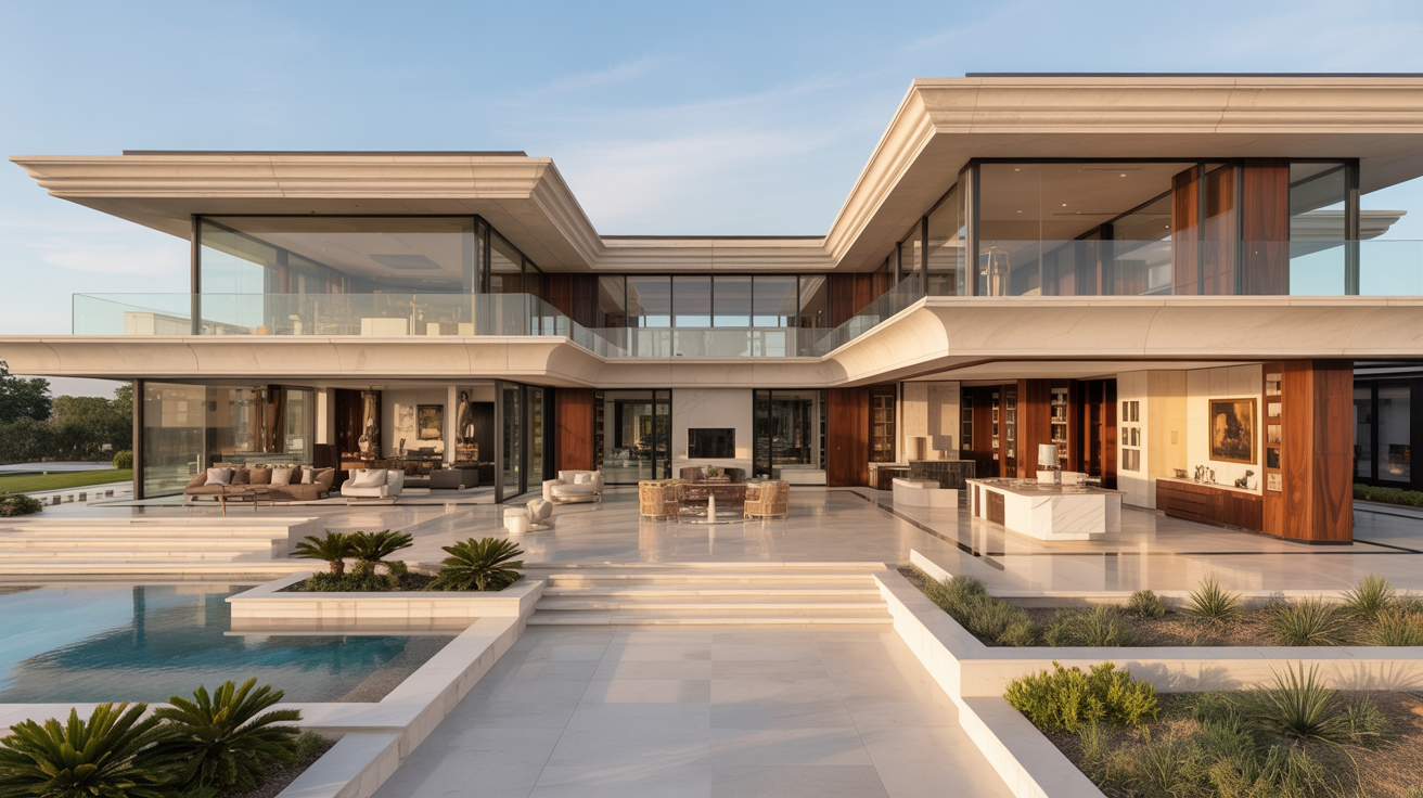 A contemporary home featuring a swimming pool and a spacious patio area for outdoor relaxation.