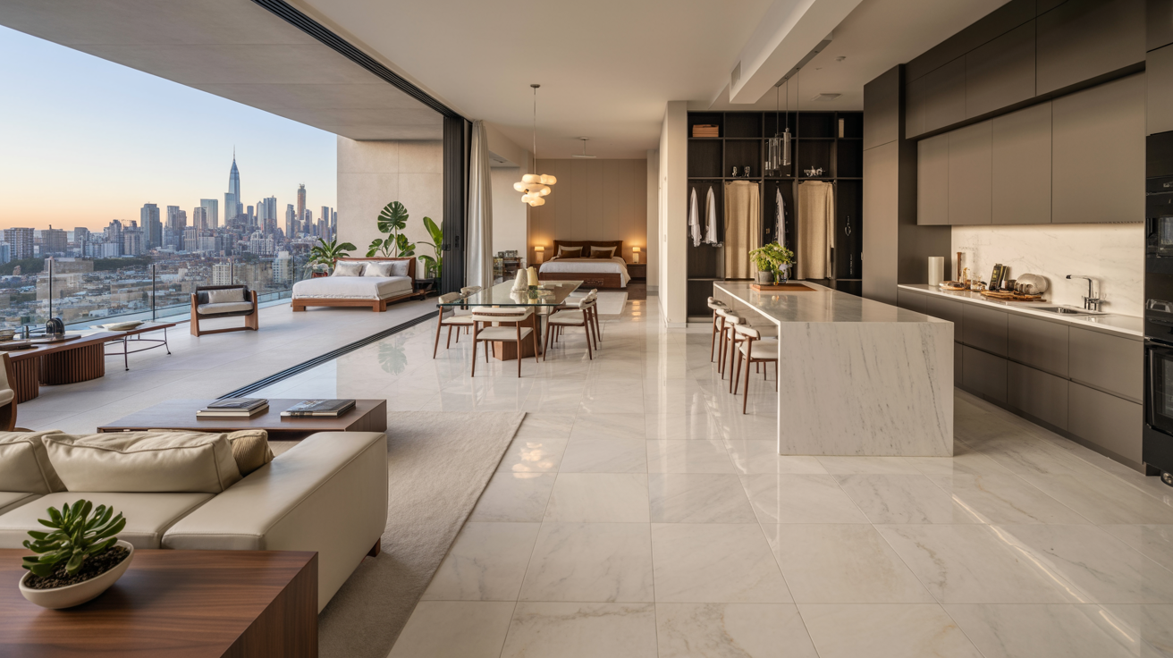 View from a modern apartment living room showcasing city skyline and greenery through large windows.
