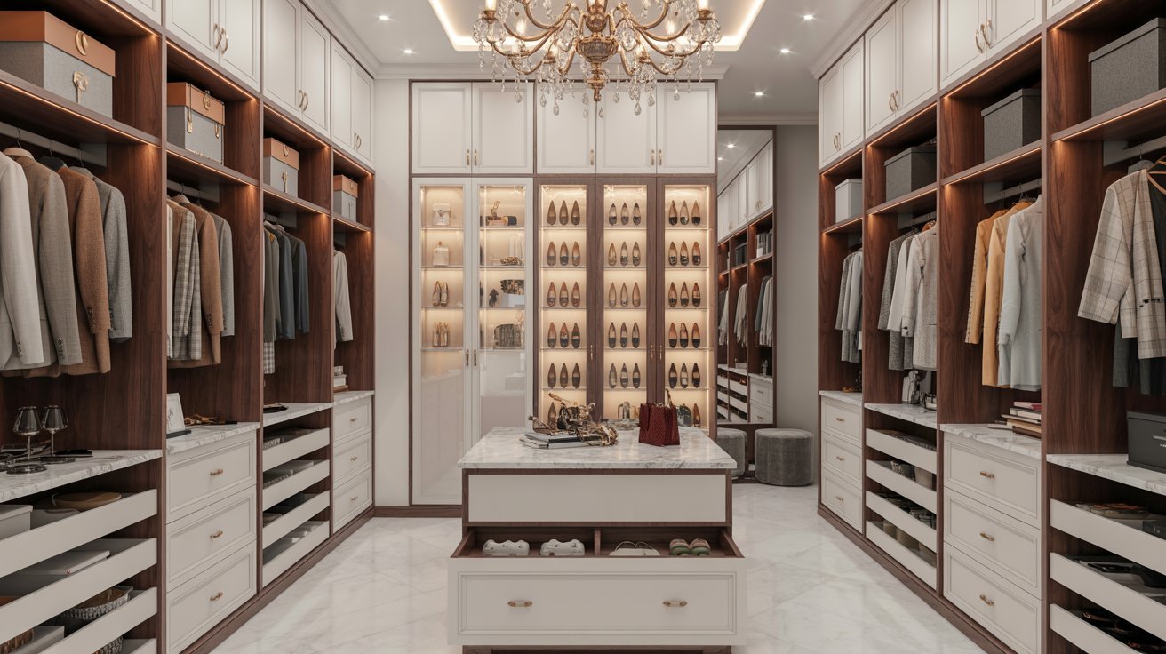 A luxurious walk-in closet featuring a chandelier and an array of neatly organized clothes on hangers.