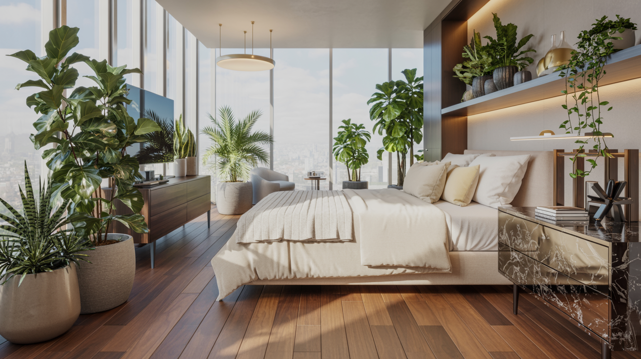  A bright bedroom featuring a large window and an abundance of indoor plants, creating a fresh and inviting atmosphere.