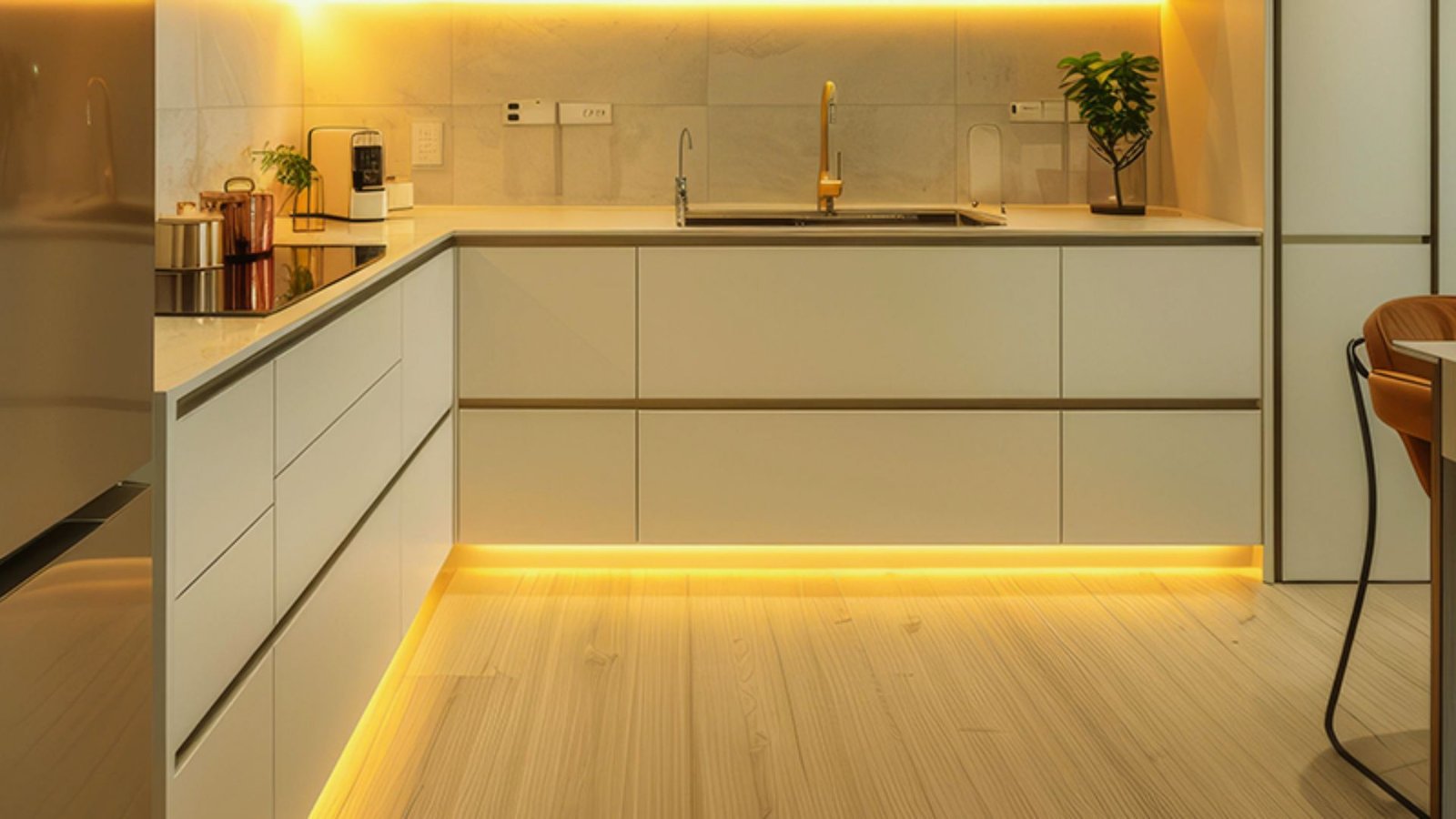 A kitchen featuring a bright light fixture above the counter, illuminating the workspace below.