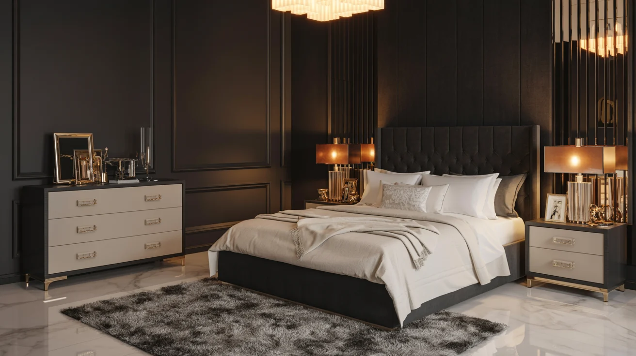 A modern bedroom featuring black walls and a white bed, creating a striking contrast in the interior design.