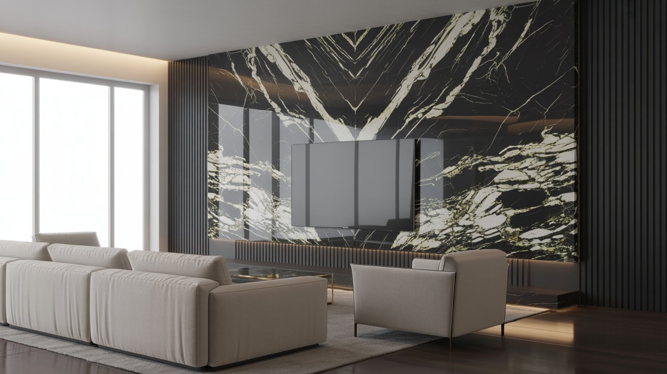 A modern living room featuring a striking large black and white marble wall as the focal point of the space.