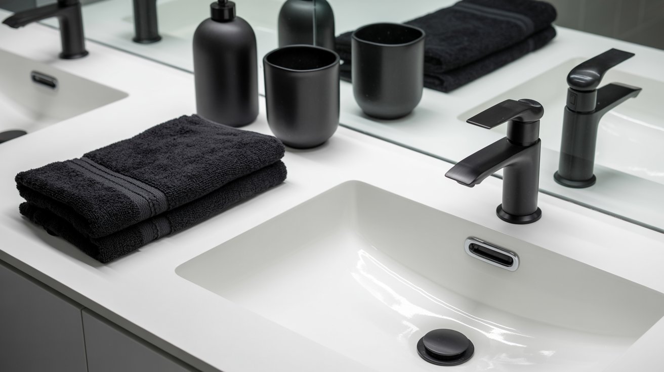 A bathroom sink featuring black towels and a black soap dispenser, creating a sleek and modern aesthetic.
