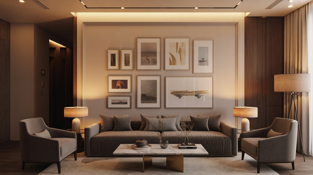 A modern living room featuring a stylish sofa, a coffee table, and framed pictures on the walls.