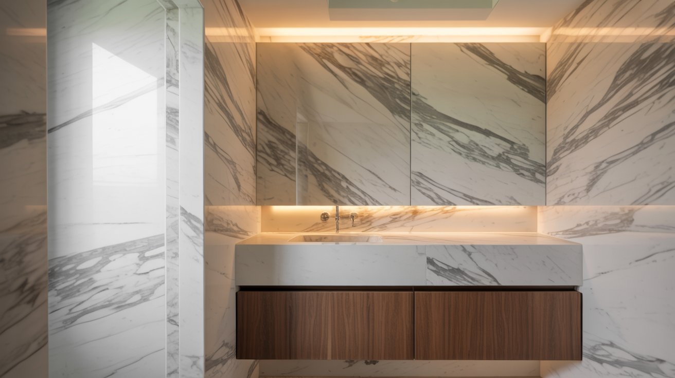 A luxurious bathroom featuring elegant marble walls and a stylish wooden vanity.