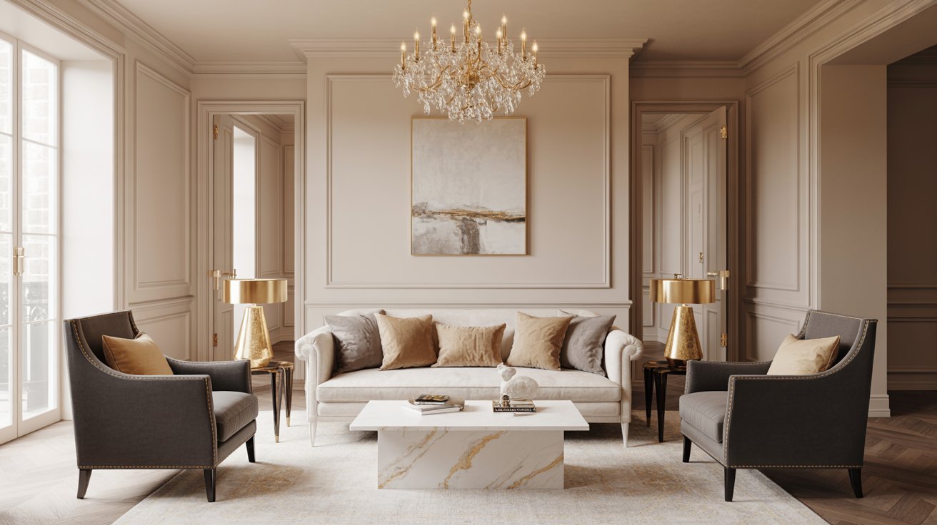 A stylish living room featuring a gold chandelier and elegant white furniture, creating a bright and sophisticated atmosphere.