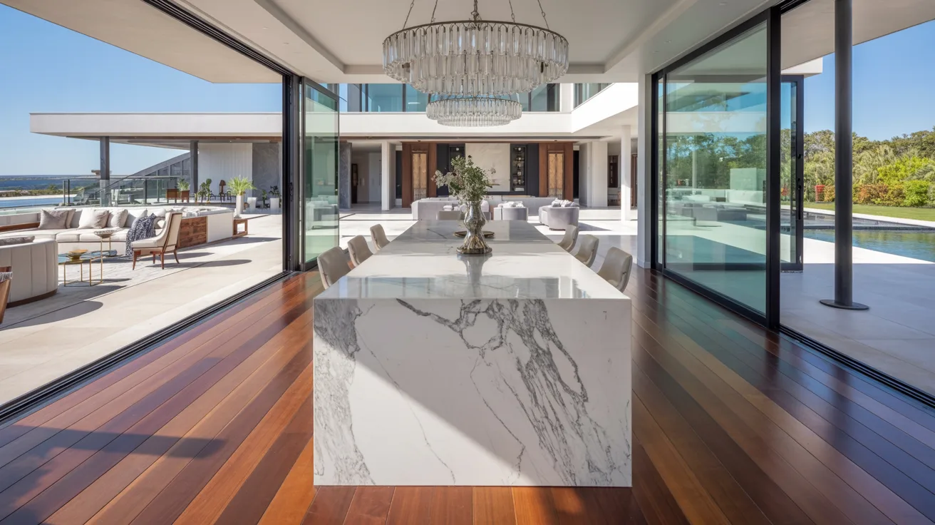A modern dining room featuring a large glass wall that allows natural light to fill the space.