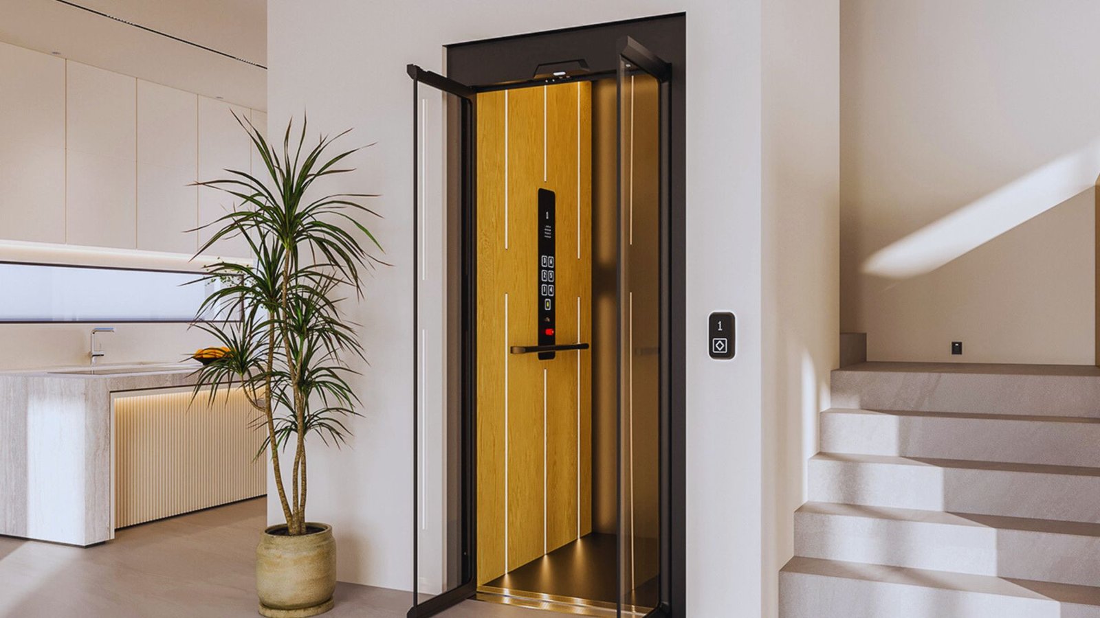  An elegant home elevator accompanied by a potted plant, illustrating a fusion of functionality and aesthetic appeal.