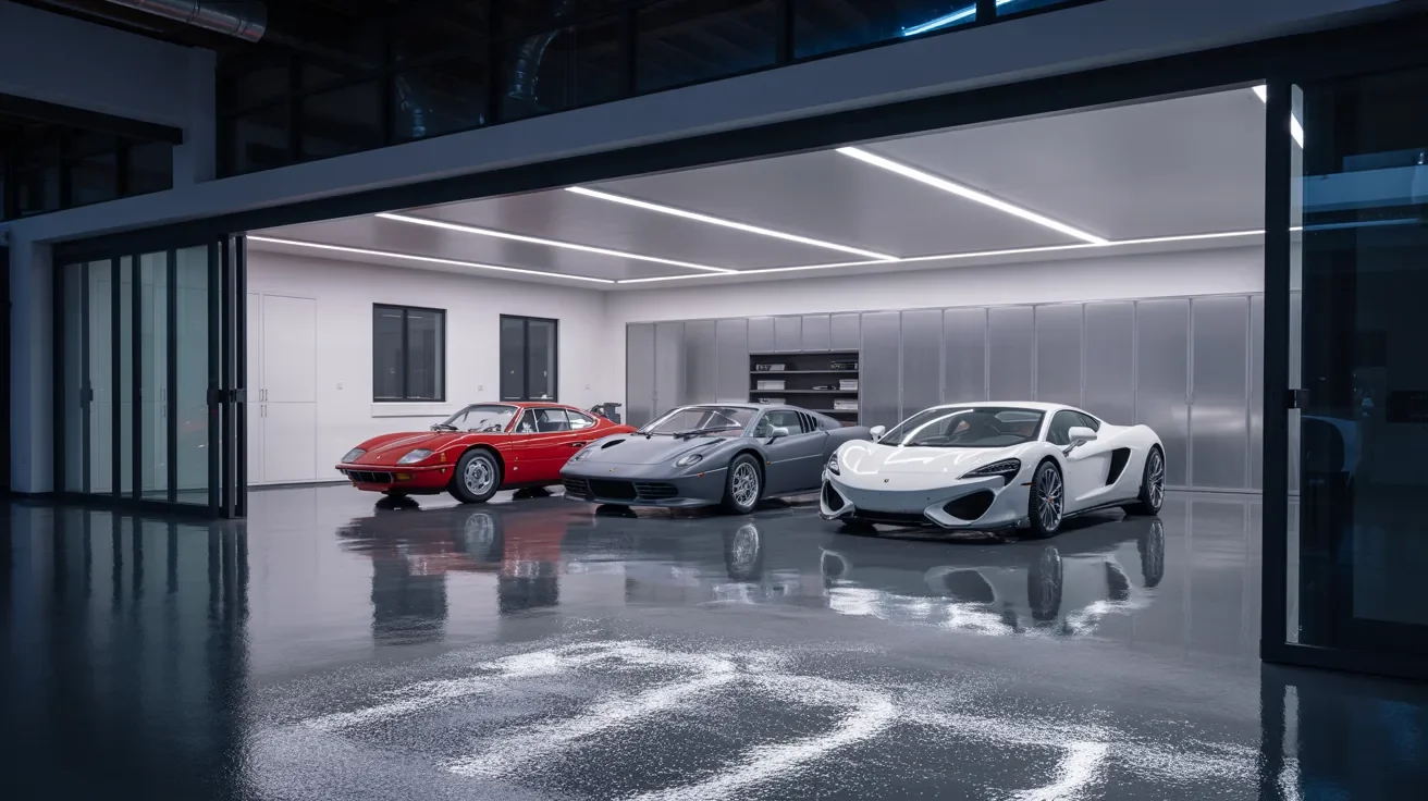 Three sleek sports cars are parked side by side in a spacious garage, showcasing their vibrant colors and polished exteriors.