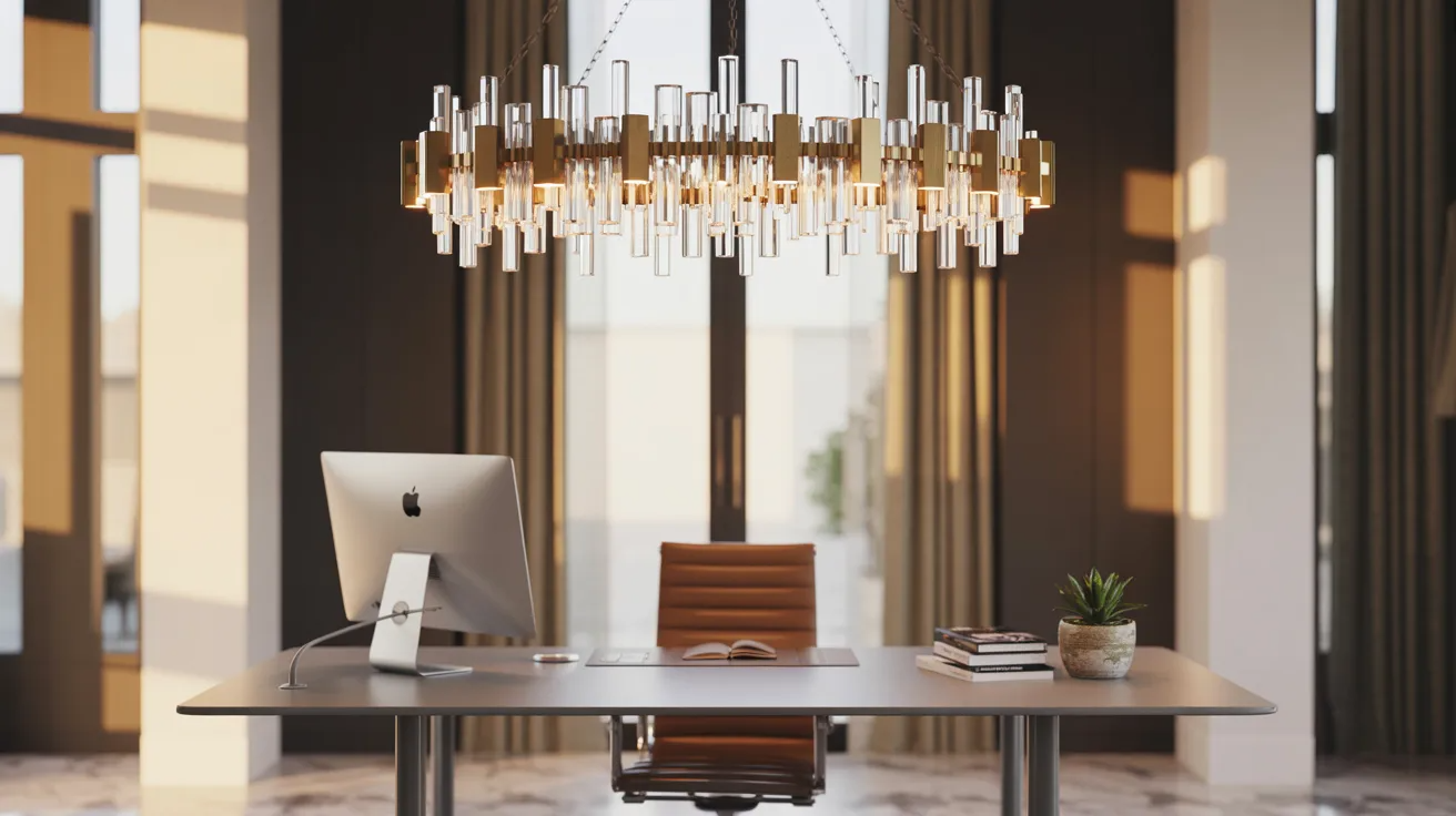 A modern office featuring a large, elegant chandelier hanging from the ceiling, illuminating the workspace below.