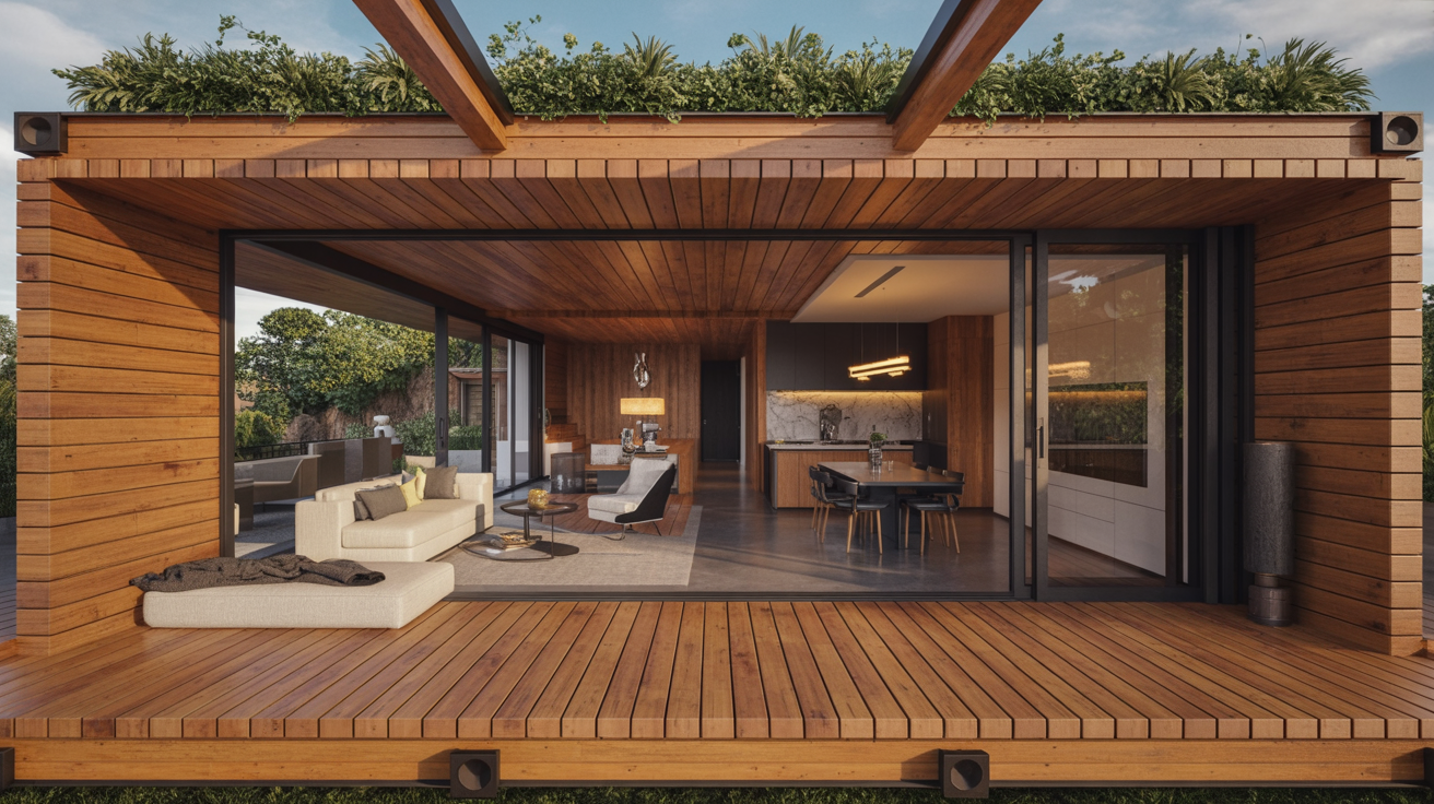  A contemporary wooden house featuring a lush green roof, blending modern architecture with nature.