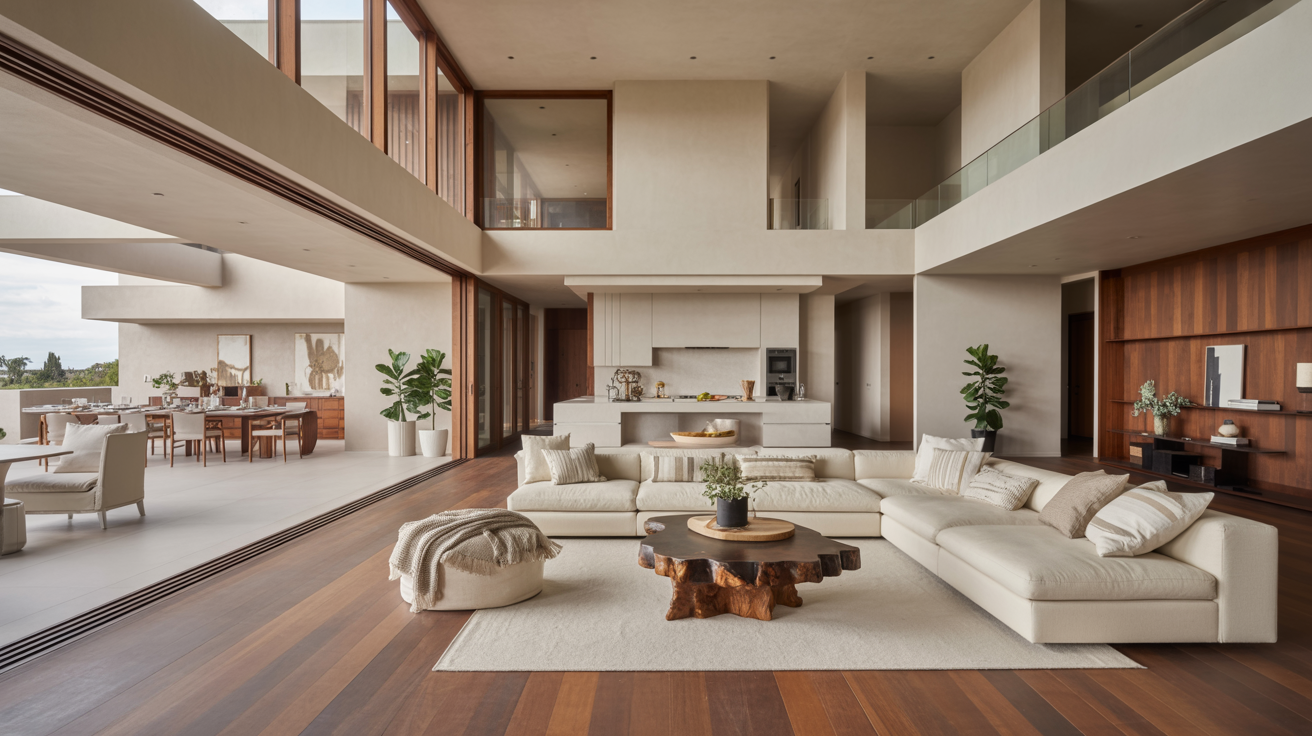 A spacious living room featuring large windows that allow natural light and elegant wood floors.