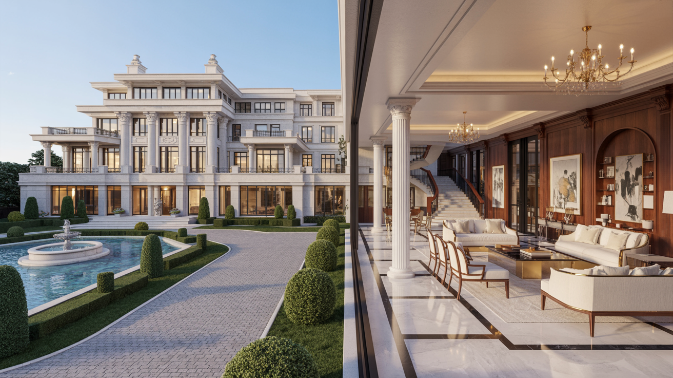  A luxury mansion featuring a spacious courtyard and an elegant fountain at its center.