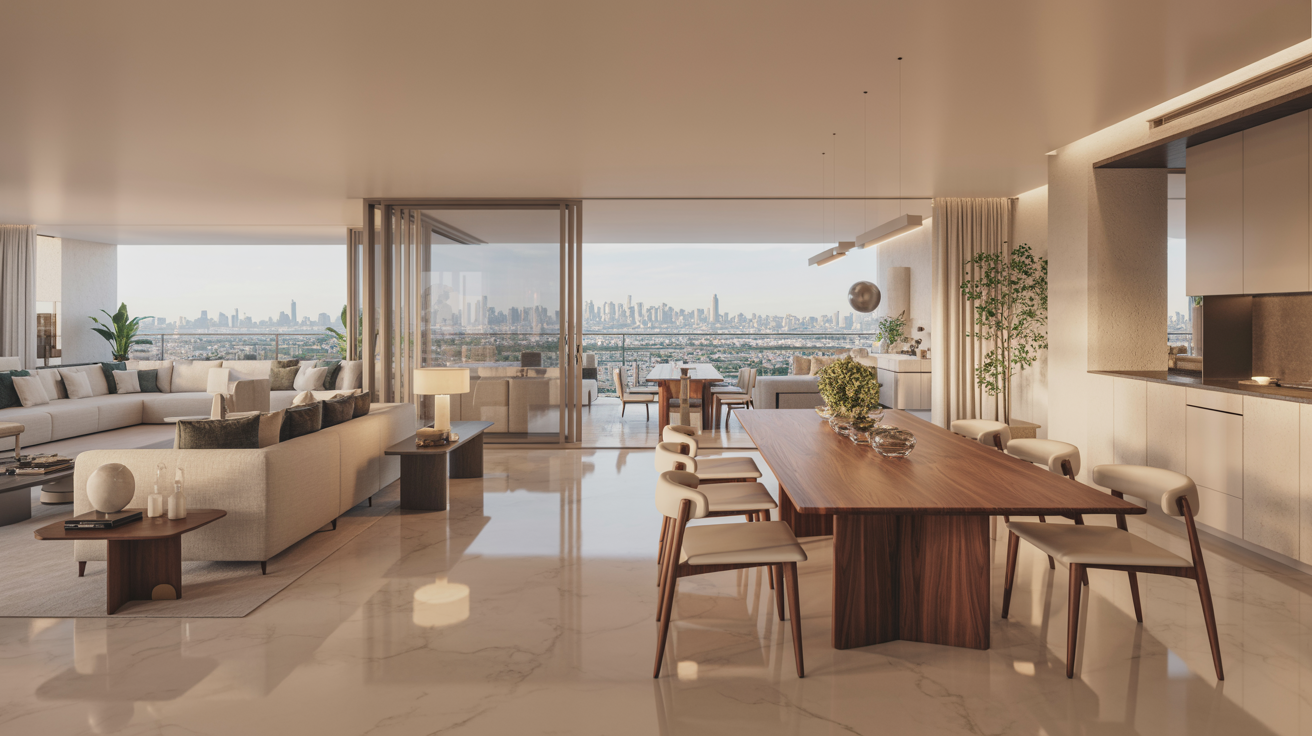  Modern apartment living room and dining area featuring sleek furniture and open layout with natural light.