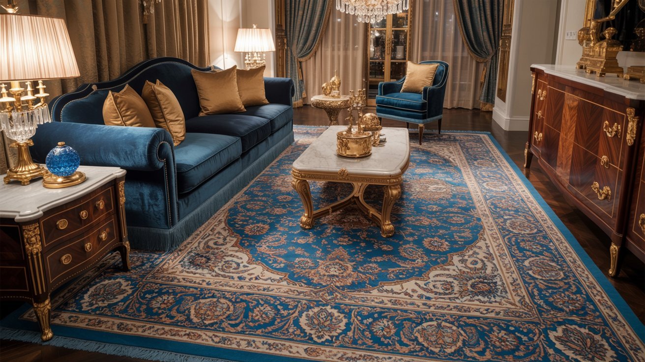 A blue sofa paired with gold furniture in a stylishly decorated room.