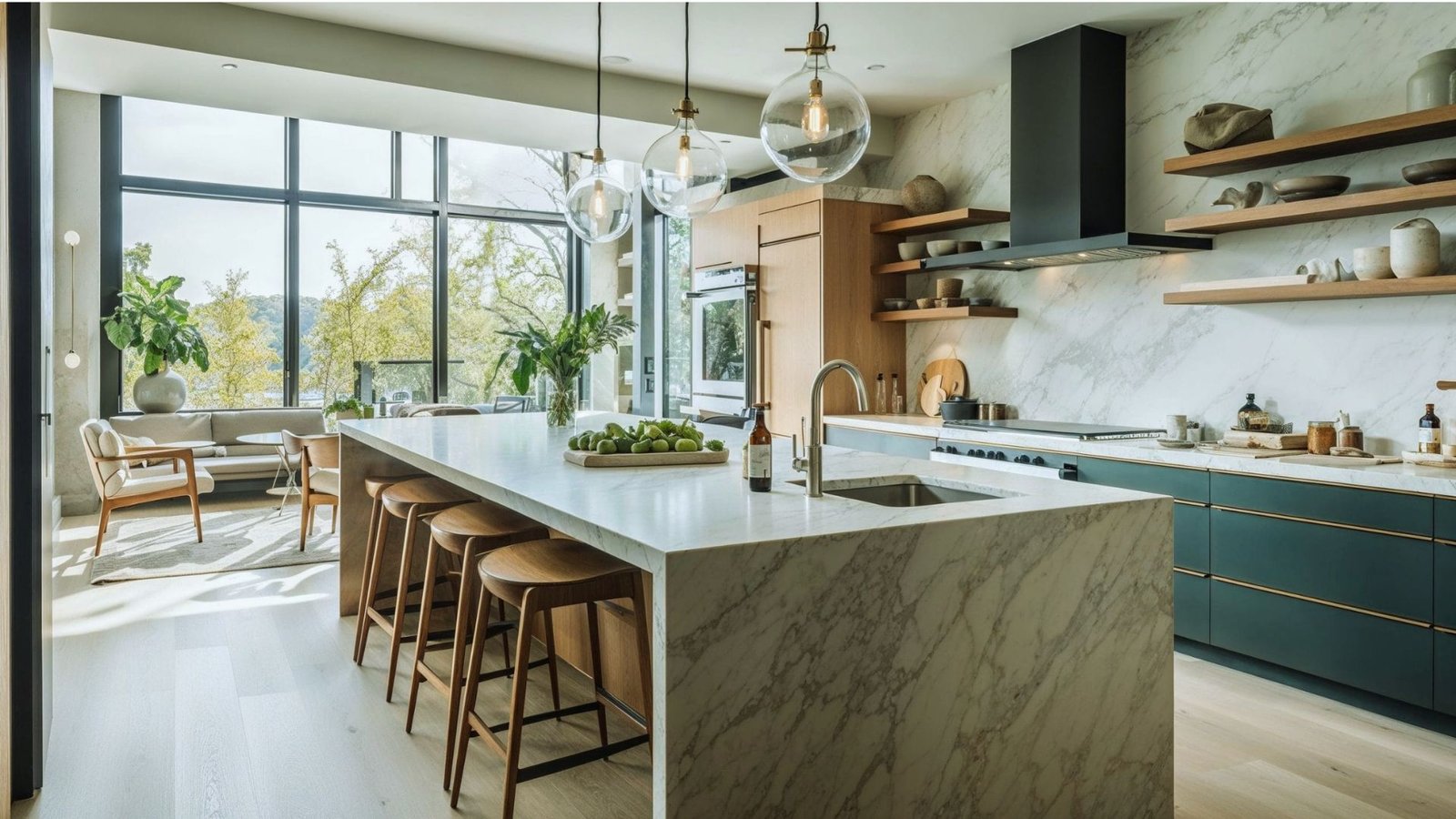 A modern kitchen featuring a sleek marble island and elegant wooden cabinets.